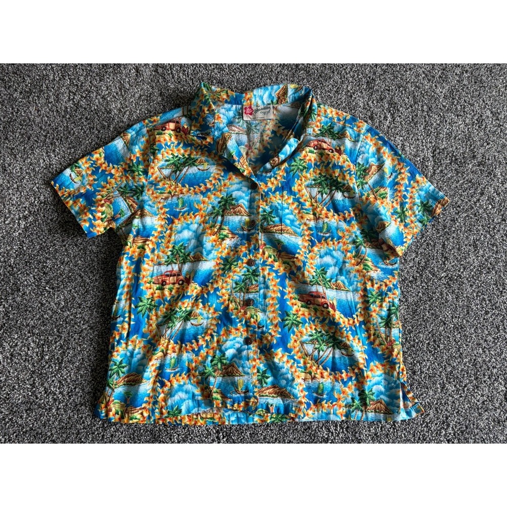 Hilo Hattie Hawaiian Shirt Youth Large Button Up Tropical Blue Floral Hawaii